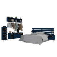 Manhattan Comfort 153GMC4 Rockefeller 7-Piece Bedroom Set with Headboard, Nightstand, TV Stand, Shoe Storage and Floating Hanging Shelves in Tatiana Midnight Blue